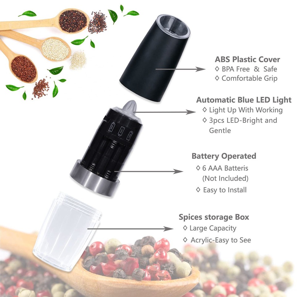 2 Pack Gravity Electric Salt and Pepper Grinder Set Automatic Battery