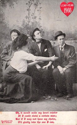 Leap Year 1908 Weird Romance One Woman Three Men Poem Odd Vtg Postcard F54
