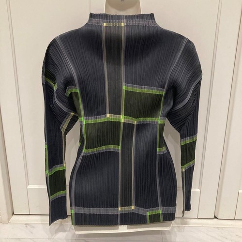Issey Miyake Pleats Please Women's High Neck Tops Blouse Charcoal Gray Green - Picture 2 of 12