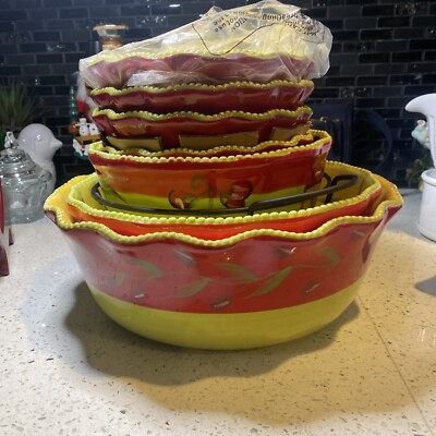 Temptations by Tara Cucina, Salad/Pasta 7 pcs Bowl Set, Scalloped, Olives/Cheese