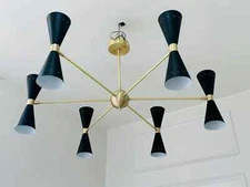 6 Arm 12 Light Handmade Brass Stilnovo Chandelier, Modern Mid Century Sputnik