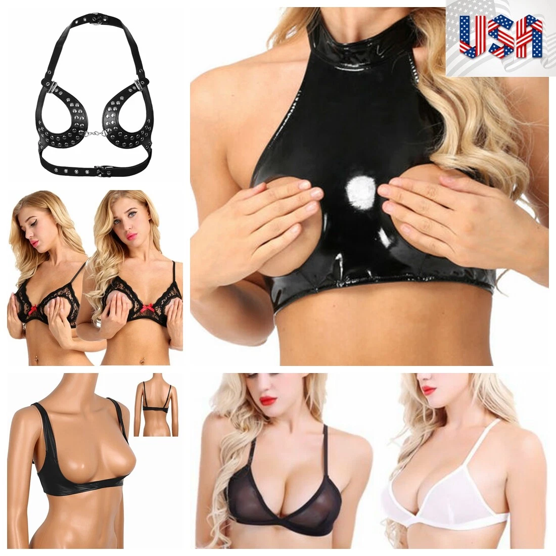 Women Sexy Black Halter Neck Open Bust Cupless Shelf Bra Bralette