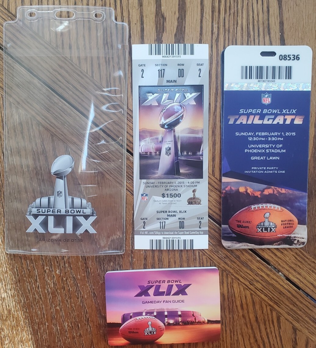 2015 Super Bowl SB XLIX Ticket Stub Tailgate Pass Tom Brady Silver