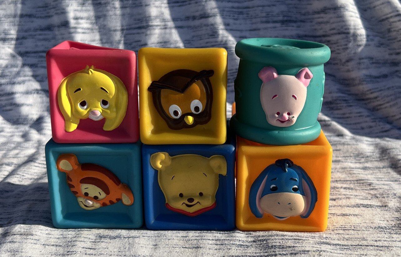 VINTAGE DISNEY WINNIE THE POOH& FRIENDS BABY SOFT BLOCKS SET/6 SQUEEZABLE #8