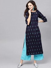 Dress, Kurta Set Peacock Navy Blue Kurta Set with Golden Traditional Motifs