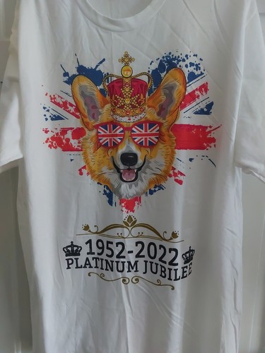 Port & Co Platinum Jubilee T Shirt Corgi Crown Union Jack England White Uk XL - Picture 2 of 6