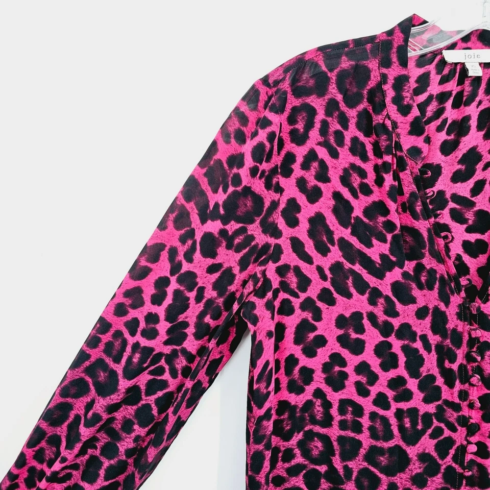Blusa Joie Loop Botón Frontal XS Rosa Negra Estampado Leopardo Manga Larga Puño Acampanado Foto 3 de 4