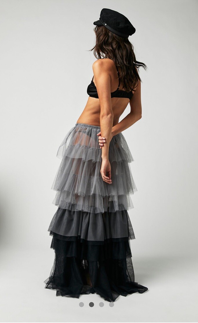 Free People Tulle Much Half Maxi Skirt Tiered Ruffle Ombre Black