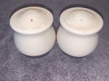 Salt and Pepper Shakers Set Glazed Pottery White Brown Green Stripes Ceramic