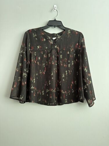 New Avec Les Filles M Sheer Cali Floral Pleated Blouse Black Metallic Stripe NWT