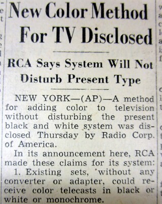 1949 newspaper w the 1st public Announcement ofTHE INVENTION of COLOR TELEVISION