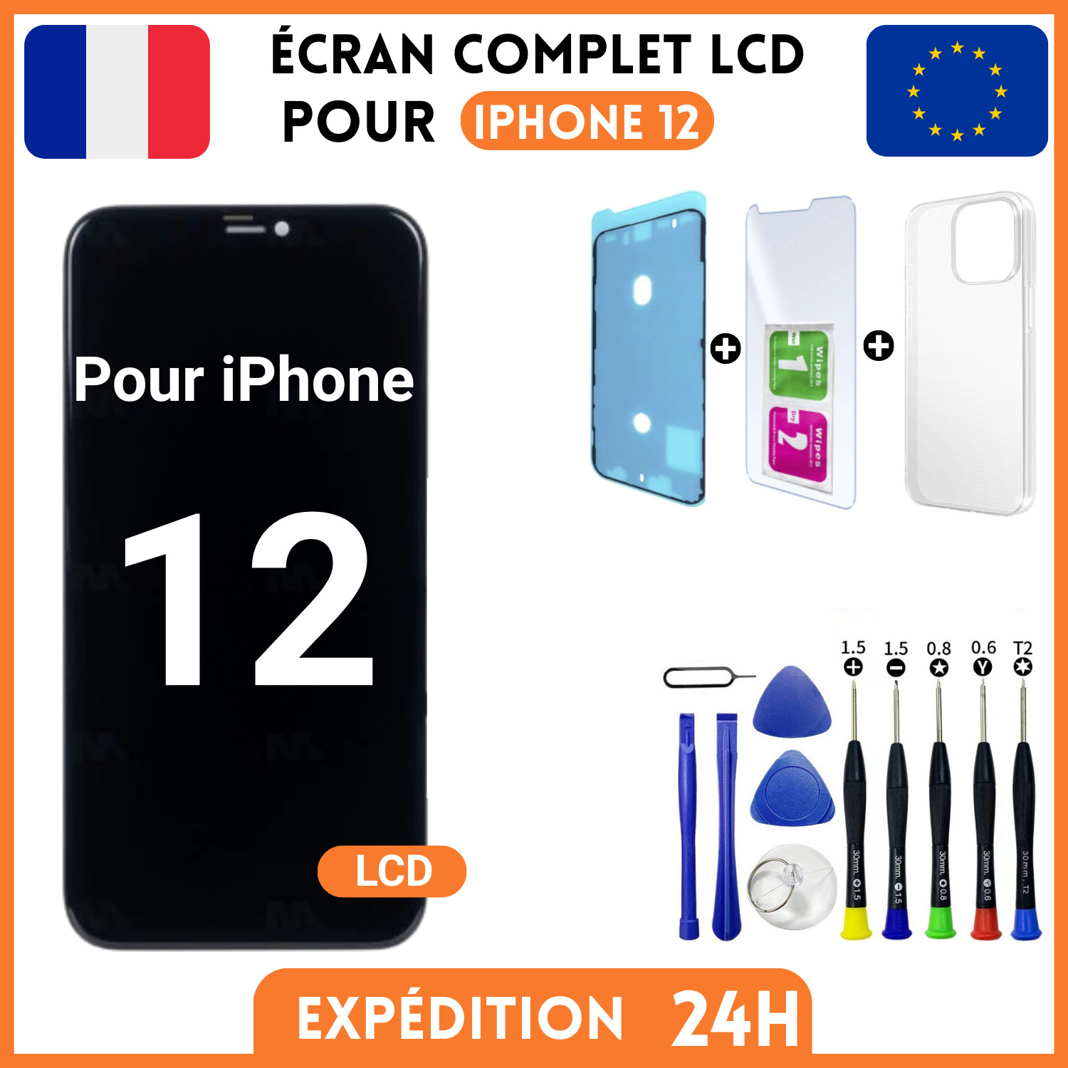 Écran LCD pour iPhone 12 avec vitre tactile et kit de réparation complet