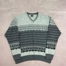 Vintage Knitted Jumper Abstract Patterned V-Neck Grandad Knit Sweater Men's L