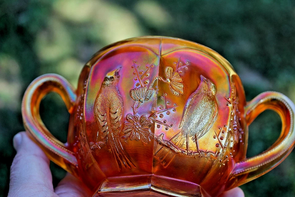 ANTIQUE NORTHWOOD SINGING BIRDS CARNIVAL GLASS SUGAR BOTTOM - MARIGOLD - Image 4 of 4