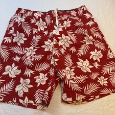 Lands' End Floral Swim Trunks MENS MEDIUM Cargo Pockets Elastic Waist Red WHITE