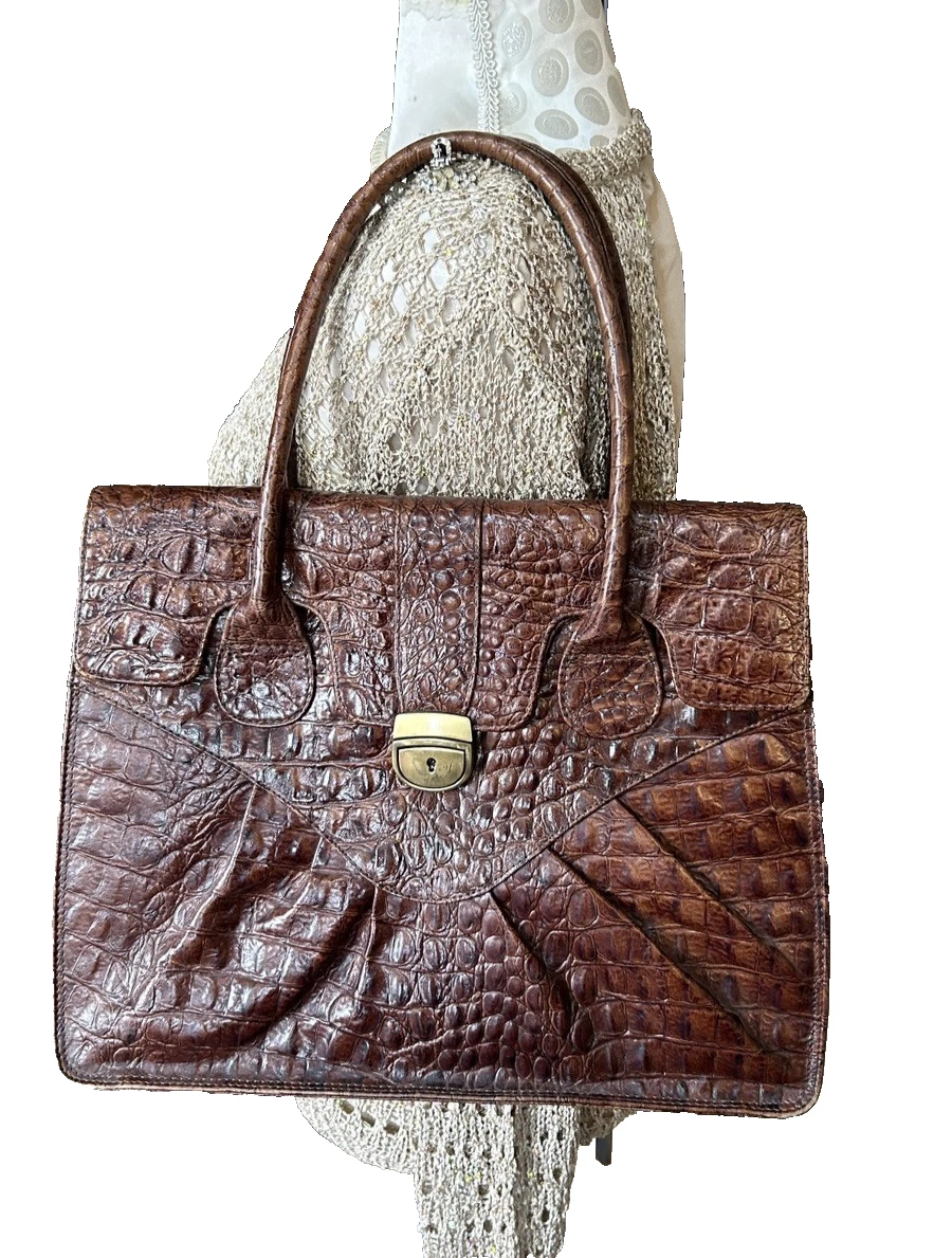 Luxury Vintage Brown Real Leather Tote Shoulder Bag Croc Embossed Handbag 80's