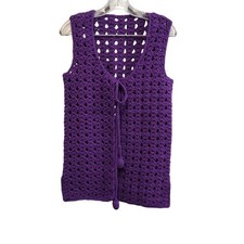Vintage 70s Womens - Size S/M - Handmade Crocheted Purple Vest Tie Front Boho