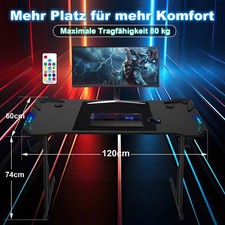 Gaming Schreibtisch LED höhenverstellbar 120/140cm Ergonomisch PC Tisch Schwarz