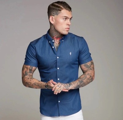 Father Sons Mens Blue Denim Stretch Slim Fit Short Sleeve Button Down Shirt Sz L
