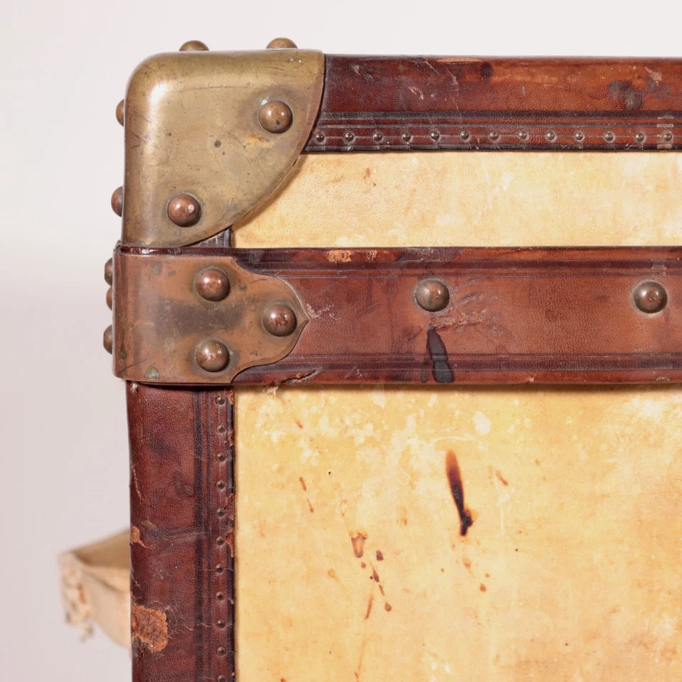 Vintage 1910s-20s Trunk Malle Courrier Leather Brass France - Image 3 of 4