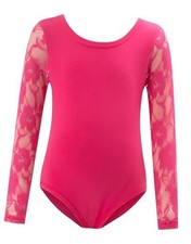 Girls Lace Long Sleeve Dance Leotard Toddler Mesh Ballet 7-8 Years Hot Pink