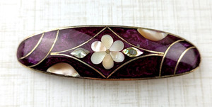 Vintage 80s Oval Hair Clip Barrette Abalone Inlay White Flower Multicolor