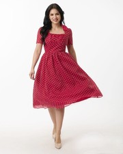 UNIQUE VINTAGE BURGUNDY & WHITE SWISS DOT LIBBY SWING DRESS - NEW - Sz M