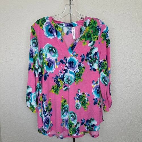 NWT Dear Scarlett Pink Floral V-Neck Roll Tab Sleeve Tunic Top LIZ-C0224 Small