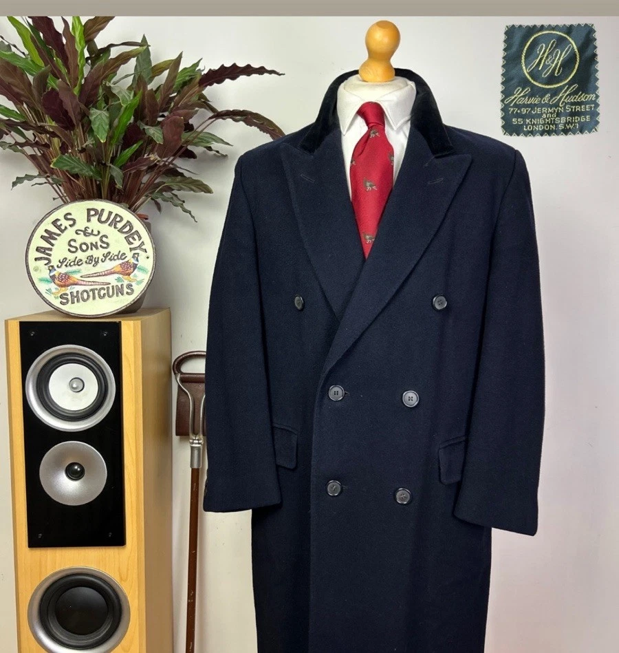 Harvie & Hudson (40R) Double Breasted Overcoat Jacket Velvet Collar Chestefield