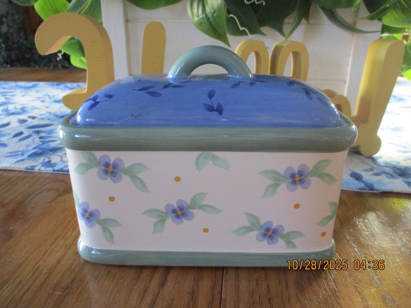 Pfaltzgraff Summer Breeze Stoneware Kitchen Keeper w/Lid Green Blue White EUC