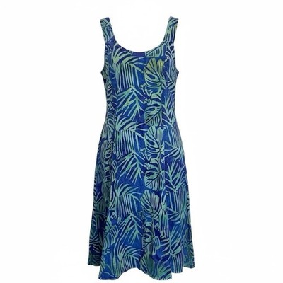 Bali Batiks Blue Leaf Print Knee Length Dress Size XS Beaded Tropical Hawaiian