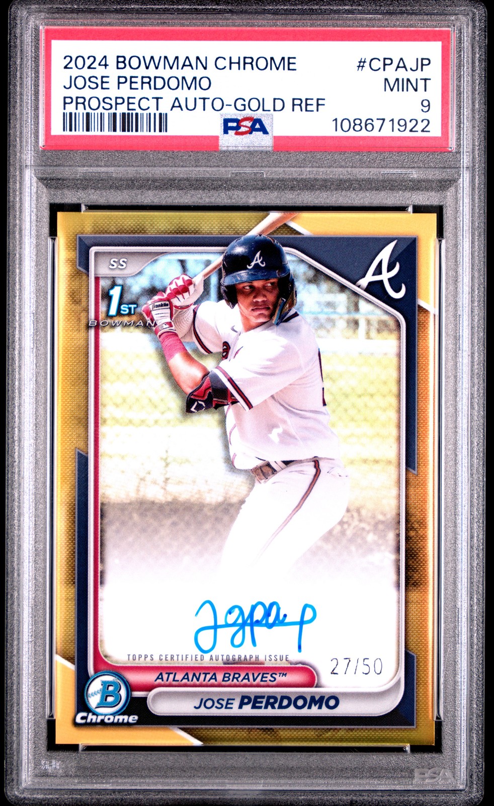 Jose Perdomo 2024 Bowman Chrome #CPAJP 1st Gold Auto /50 PSA 9