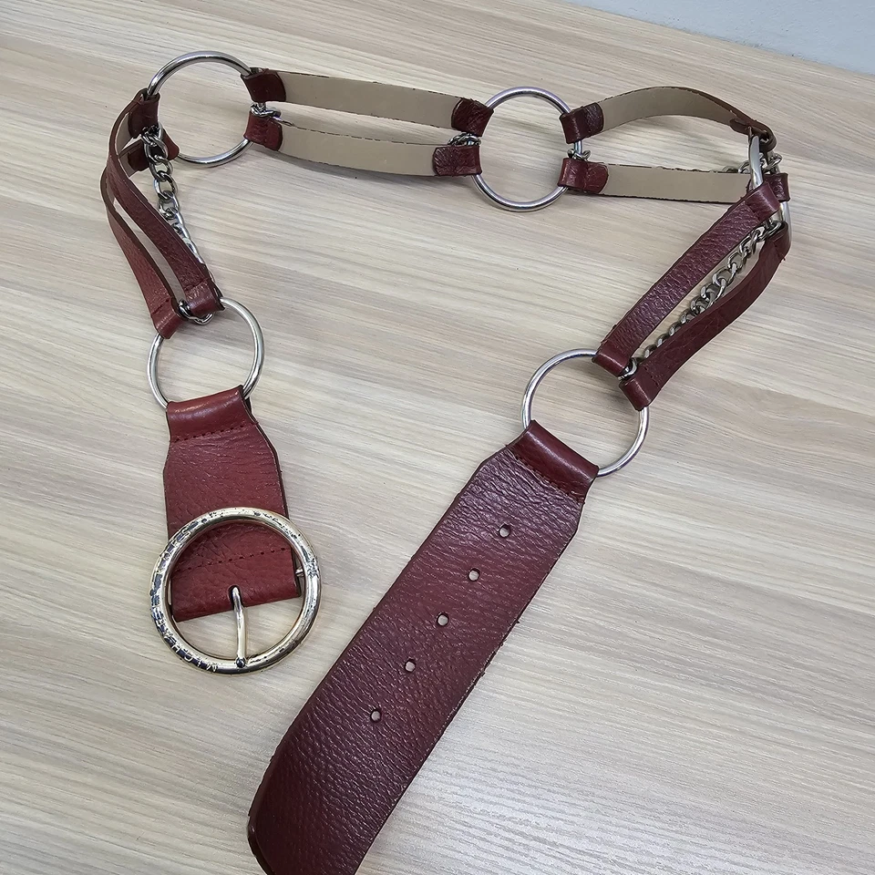 Michael Kors Waist Belt Womens Large Burgundy Chain Leather Ring Boho Statement - Image 2 of 4