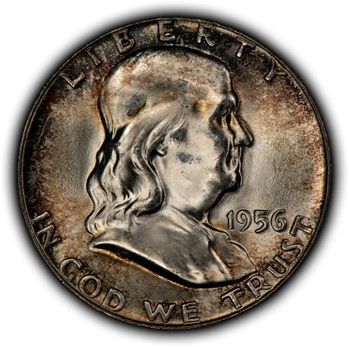 1956 50c Franklin Silver Half Dollar - Colorful Toning - BU - SKU-Y6336