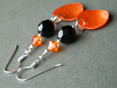 Metallic Orange MoP Shell Discs, French Jet, Crystal & Sterling Silver Earrings - Picture 5 of 14