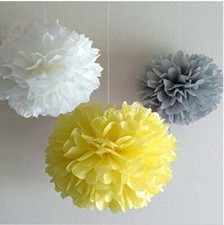 18pcs Tissue Hanging Paper Pom-poms Flower Wedding Party girls room yellow grey