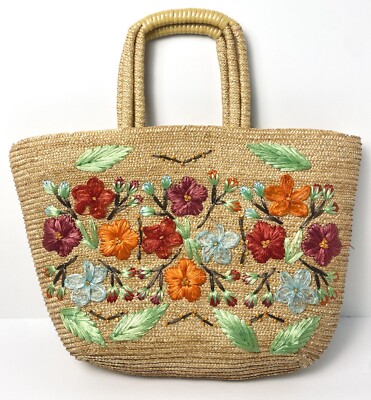 Vintage Floral Straw Bag Boho Raffia Beach Tote Bucket Embroidery Flowers 1970s