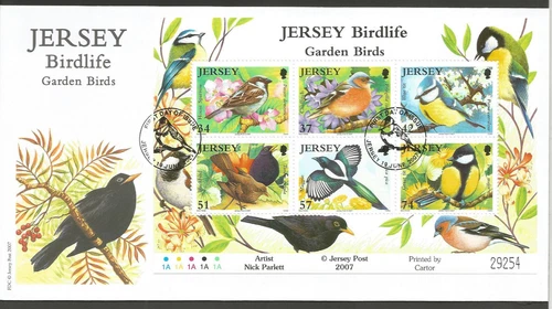 JERSEY 2007 GARDEN BIRDS SET MINIATURE SHEET on UNADDRESSED FIRST DAY COVER