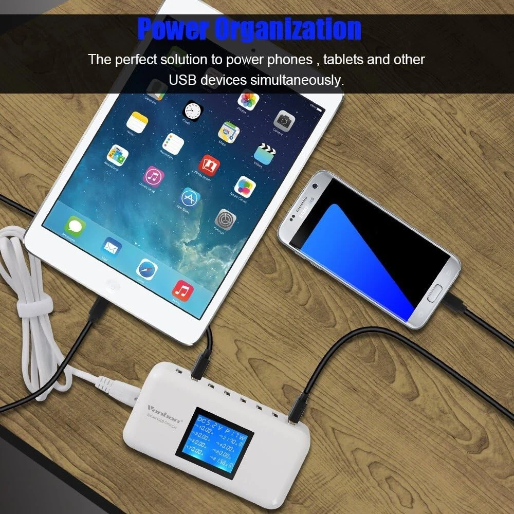 8-Port Fast Charging USB Hub with LCD Display for Multi-Device Travel