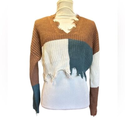 Rue 21 Cropped Color Block Sweater Frayed Edges Size Large Teal Brown Cream