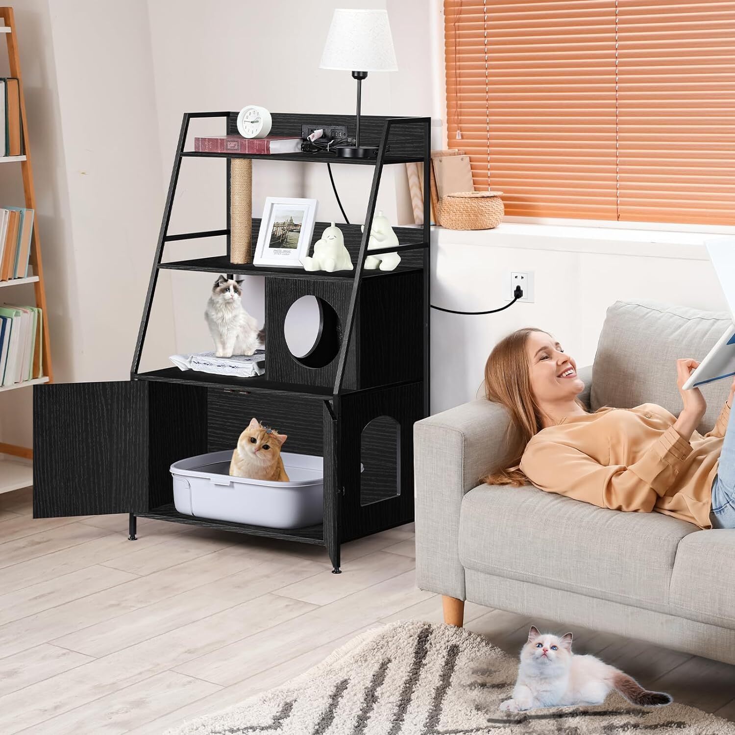 Litter Box Enclosure Furniture with Storage Shelves and Door Cat Washroom Black