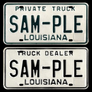 (2) LOUISIANA 1987 SAMPLE License Plates TRUCK Types - PRIVATE + TRUCK DEALER