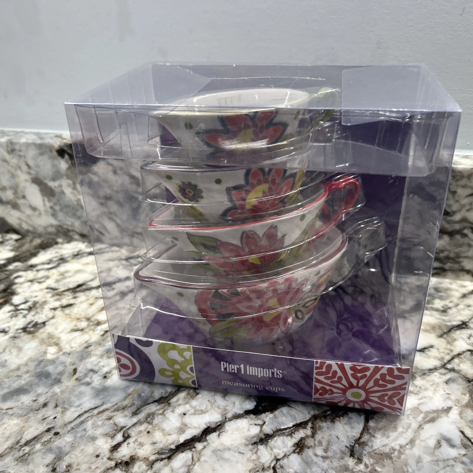 New Sealed Pier 1 Nesting Set of 4 Measuring Cups Floral Print Pattern