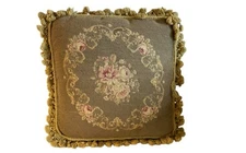 Vintage Needlepoint Wool Tapestry Throw Floral Pillow Tassel Fringe Neutral 18”