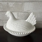 Vintage NOS Indiana Glass White Milk Glass Hen on Nest 7" Open Bead Edge