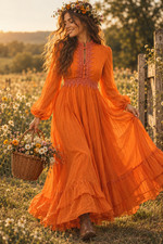 Vintage 70s Orange Prairie Maxi Dress Boho Lace Keyhole Cottagecore S Ren Fair