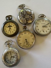 VTG Pocket Watch Lot of 5   Quartz  Mechanical   Parts/Repair   2 Ornate Cases