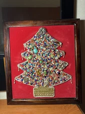 Vintage Framed Jewelry Christmas Tree Folk Art Mosaic Large Brooch Velvet