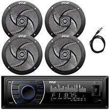 Pyle 1DIN Bluetooth USB Marine MP3 Stereo, 4x 5.25" Black Boat Speakers, Antenna