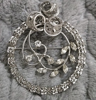 AmLee Sterling Silver Pin Brooch Pendant Estate Circle Ribbon Rhinestones Signed